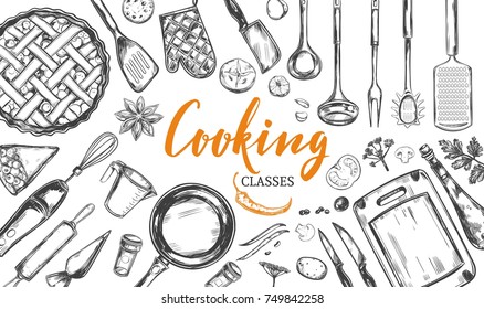 Cooking concept. Frame with utensil, kitchenware, tools. Vector hand drawn illustration with Modern Calligraphy, Lettering. Design Template