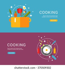 Cooking Concept. Fried Eggs in a Frying Pan. Soup in the Pan. Set of Templates for Web Banners with Headline and Button. Vector Illustration in Flat Design Style