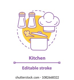 Cooking concept icon. Food preparation idea thin line illustration. Boiling stewpan, chef hat, salt and pepper shakers. Vector isolated outline drawing. Editable stroke