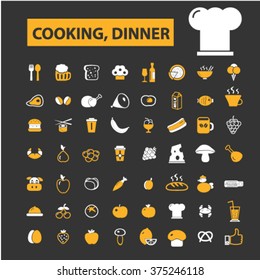 Cooking concept icons: hotel services, menu, dining, pizza, bill, beer, cafe, fast food, cafeteria, beverage, hot dog, bbq, pub, meat meal, drinks. Vector illustration
