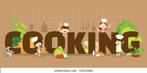 Cooking concept illustration of Little Chef Boy and Girl various actions with elements ,vegetable,kitchenware around big Letter.