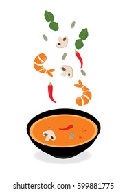 Cooking Concept Illustration from Thailand A national dish And is unique in Southeast Asia. Tom-Yum-Koong , Vector thai food, Seafood ingredients spicy.