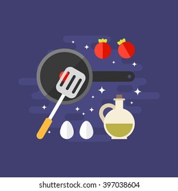 Cooking Concept. Ingredients for Omelette with Frying Pan. Flat Style Vector Illustration