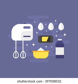 Cooking Concept. Ingredients for Pancakes with Mixer. Flat Style Vector Illustration