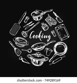 Cooking concept. Kitchen tools . Vector hand drawn illustration with Modern Calligraphy. Lettering