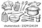 Cooking concept. Kitchen utensils set in vintage engraving style. Sketch vector illustration