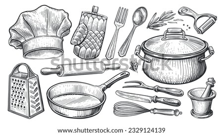 Cooking concept. Kitchen utensils set in vintage engraving style. Sketch vector illustration Stock photo © 