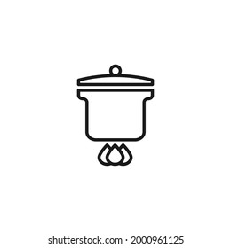 Cooking concept. Line icon of pan with lid over flaming from gas stove 