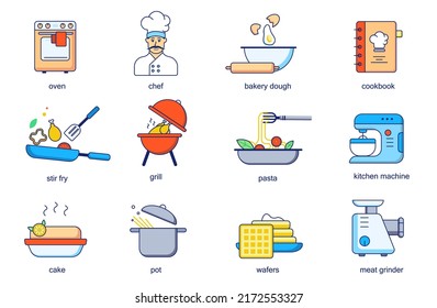 Cooking concept line icons set. Pack outline pictograms of oven, chef, bakery dough, cookbook, stir fry, grill, pasta, kitchen machine, cake, pot. Vector flat elements for mobile app and web design