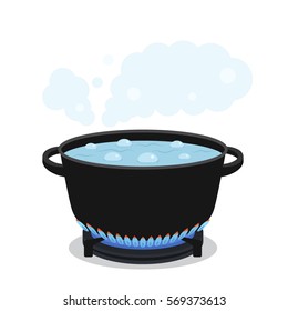 concepto de cocina. En una sartén abierta hirviendo agua. ilustración vectorial plana aislada en un fondo blanco