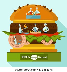 Cooking concept with people in chef suits inside of layered hamburger vector illustration