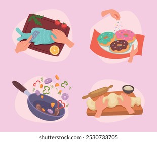 Cooking. Concept pictures of different eating products and ingredients for preparing food exact vector set for restaurant menu