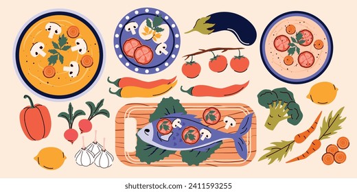 Cooking concept in a trendy style. Vector illustration. Isolated. Fish, greens, tomatoes, carrots, cream soup, peppers, garlic. Top view. Cooking food. Ingredients. Master class and cooking school.