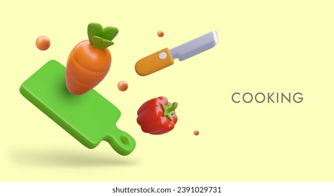 Cooking concept. Vector composition of floating realistic elements. Green cutting board, paprika, carrot, knife. Advertisement of cooking classes, blog, application