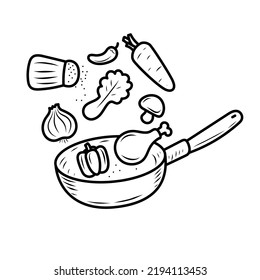 Cooking Concept Vector Illustration With Doodle Drawing Style. Pan With Food Ingredients Vector 