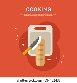 Cooking Concept. Vector Illustration in Flat Design Style for Web Banners or Promotional Materials. Knife and Bread on a Board