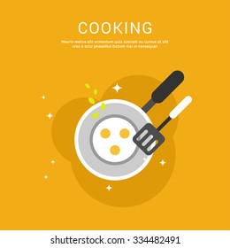 Cooking Concept. Vector Illustration in Flat Design Style for Web Banners or Promotional Materials. Eggs Fried in a Pan