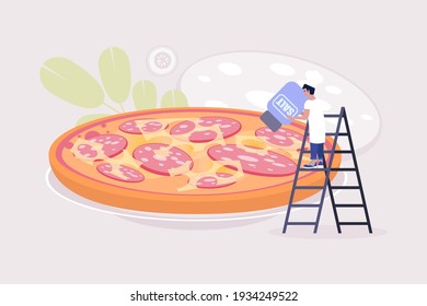 Concepto de cocina. Joven preparando pizza. Ilustración de vector plana colorida