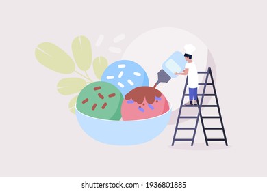 Cooking concept. Young man preparing ice cream with chocolate sauce. Colorful flat vector illustration