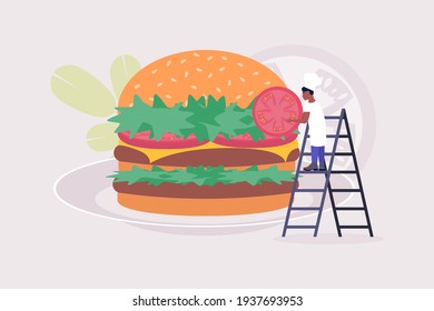 Cooking concept. Young man preparing burger. Colorful flat vector illustration