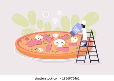 Cooking concept. Young woman preparing pizza. Colorful flat vector illustration