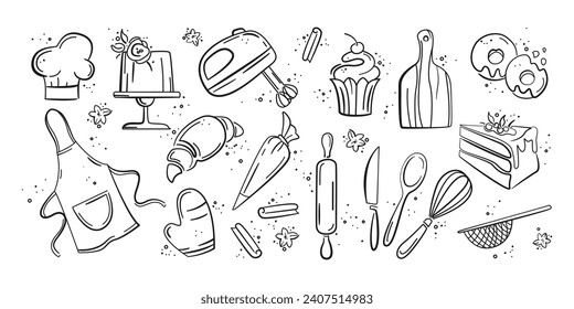 Cooking, confectioner, baking and pastry. Hand drawn set of baking and cooking elements for menu, recipes, cafe, pastry shop, bakery.