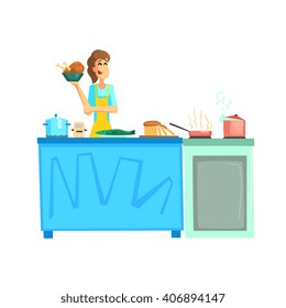 Cooking Contest Female Participant Fun Illustration In Simple Childish Style Flat Vector Design On White Background