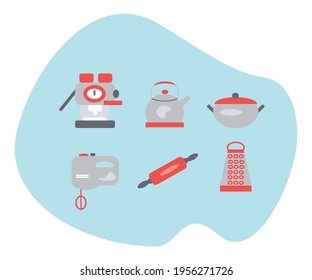 Cooking, Cook Food, Kitchen flat illustrations set. Vector  art. Kitchenware vector elements.