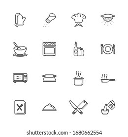 Cooking, Cook Food, Kitchen contorno iconos set - Símbolo negro sobre fondo blanco. Símbolos de Ilustración Sencilla de Cocina, Cocina - Signo de simplicidad alineada. Icono de línea delgada del vector plano - trazo editable