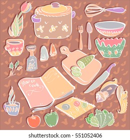 cooking with cookbook. Puppet table with elements of kitchen utensils in the style of cartoon