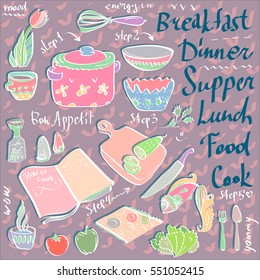 cooking with cookbook. Puppet table with elements of kitchen utensils in the style of cartoon