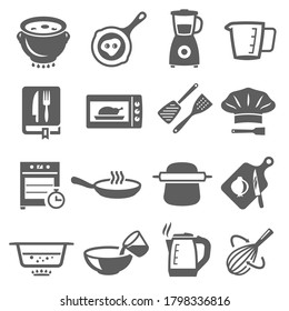 Cooking, cookware bold black silhouette icons set isolated on white. Kitchenware, microwave, stove pictograms collection. Boiling, frying, kettle, mixer, blender vector elements for infographic, web.