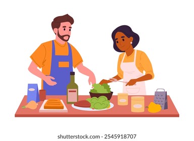Cooking couple. Family cooking at home, tasty dishes, preparing food at home flat vector illustration. Homemade meal preparation