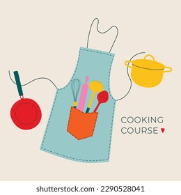 Curso de cocina. Pancarta de herramientas de cocina al estilo doodle. Antecedentes con platos a mano. Afiche vectorial con cubiertos. Afiche de clases de cocina.