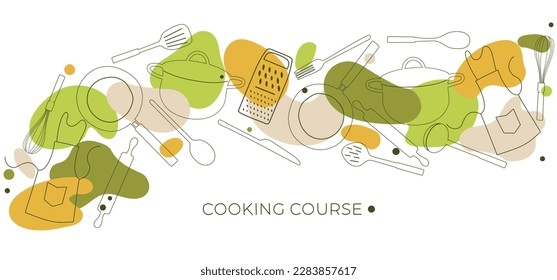 Cooking course. Kitchen tools horizontal banner in doodle style. Background with hand drawn dishes. Vector poster with cutlery. Cooking classes poster.