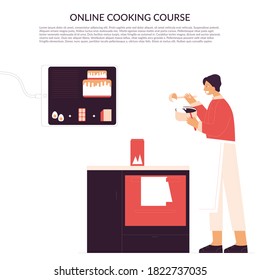 Curso de cocina. С jefe enseña a cocinar un pastel en línea.