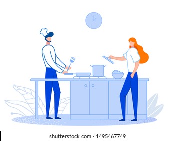 Cooking courses for beginners. The process of teaching a girl to cook. Housewife is studying. Chef explains the basics. Courses of a young wife for married life. Flat cartoon Vector Illustration.