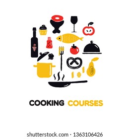 Cooking courses circle illustration. Vector Food and kitchenware