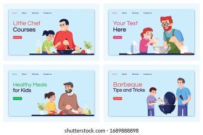 Cursos de cocina de la página de inicio de plantillas vectoriales conjunto. Idea de interfaz web de clases culinarias con ilustraciones planas. Diseño de la página principal de las recetas de la comida. Banner web de caricaturas de las clases maestras, kit de páginas web