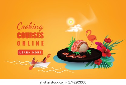 Cooking courses online on mobile phone. Cooking school. Digital communication. Vector illustration.