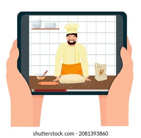 Cooking courses online. Video recipe, a male chef teaches how to cook delicious food and bake.Vector illustration.