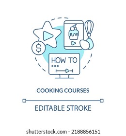 Cooking courses turquoise concept icon. Culinary lessons. Online tutorial idea abstract idea thin line illustration. Isolated outline drawing. Editable stroke. Arial, Myriad Pro-Bold fonts used