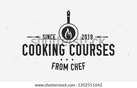 Cooking Courses vintage logo. Cooking Class template emblem with forks and frying pan. Modern design poster. Label, badge, poster for food studio, cooking courses, culinary school. Vector illustration