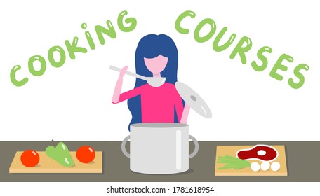 Cooking courses. Woman cooking in the kitchen. Vector illustration in flat design. Concept of culinary training, cooking recipes.