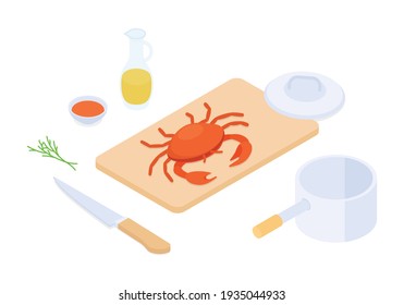 Juego de cangrejo de cocina. Isometric vectorial ilustración en diseño plano.
