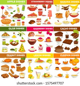 Cooking and cuisine, apple and strawberry, banana and olive dishes vector. Raspberry and cocoa, peanut and lemon, pumpkin ingredients. Desserts and roasted duck, porridge and pancakes, salad and pizza