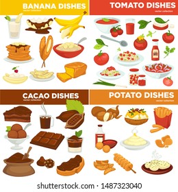 Cooking and cuisine, banana and tomato, cocoa and potato dishes vector.Cocktail and dessert, pancakes and porridge, pasta and soup. Cake and butter, french fries and pure or chips, bread and drink