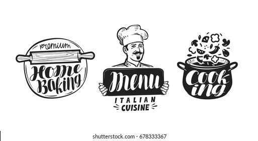 Cooking, cuisine logo. Icon and label for design menu restaurant or cafe. Handwritten lettering, calligraphy vector illustration