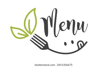 Cooking, cuisine logo with smile, eyes, fork and two green leaves.