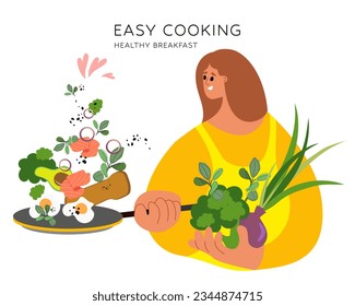 Woman Chef Cooking, Culinary Classes Concept. Easy cooking. Female Character wear Apron Preparing Food, Influencer. Cartoon People Vector Illustration